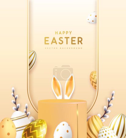 Ilustración de Fiesta Pascua escaparate fondo de oro con el podio 3d, huevos de Pascua y rama de sauce. Ilustración vectorial - Imagen libre de derechos