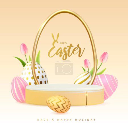 Feiertag Ostern Vitrine Gold Hintergrund mit 3D-Podium, Ostereier und Tulpen. Vektorillustration