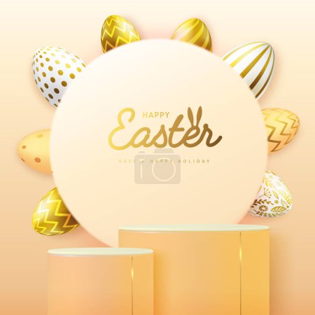 Illustration for Holiday Easter showcase gold background with 3d podium and easter eggs. Vector illustration - Royalty Free Image