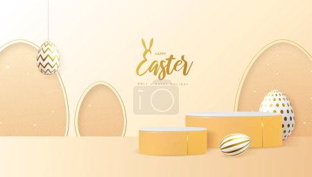 Téléchargez les illustrations : Vacances Pâques vitrine fond d'or avec podium 3d et oeufs de Pâques. Illustration vectorielle - en licence libre de droit