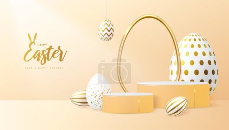 Ilustración de Fiesta Pascua escaparate fondo de oro con el podio 3d y huevos de Pascua. Ilustración vectorial - Imagen libre de derechos