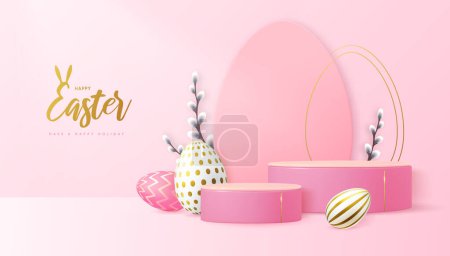 Ilustración de Fiesta Pascua escaparate fondo rosa con el podio 3d, huevos de Pascua y rama de sauce. Ilustración vectorial - Imagen libre de derechos