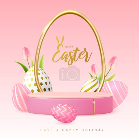 Feiertag Ostern Vitrine rosa Hintergrund mit 3D-Podium, Ostereier und Tulpen. Vektorillustration