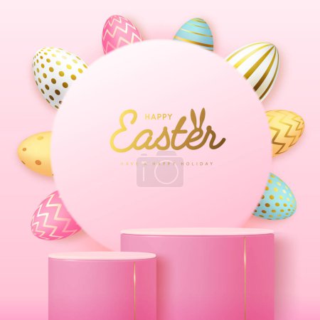 Ilustración de Pascua de vacaciones escaparate fondo rosa con el podio 3d y coloridos huevos de Pascua. Ilustración vectorial - Imagen libre de derechos
