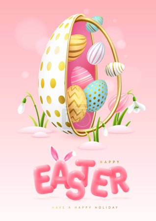 Illustration for Happy Easter typography background with colorful easter eggs, open egg and 3D text. Greeting card or poster. Vector illustration - Royalty Free Image