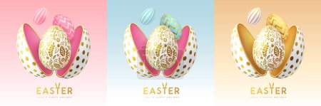 Ilustración de Conjunto de tarjetas de felicitación, cubiertas o pancartas con huevos cortados y huevos de Pascua en el interior. Ilustración vectorial - Imagen libre de derechos
