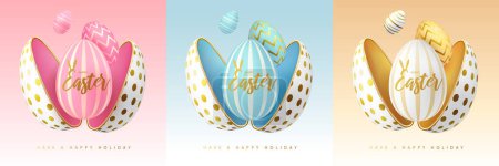 Illustration for Set of Happy Easter holiday greeting cards, covers or banners with cut out egg and Easter eggs inside. Vector illustration - Royalty Free Image