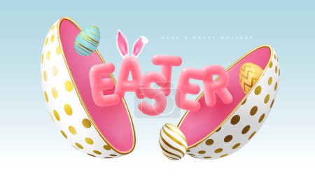 Happy Easter typography background with cut out egg, colorful easter eggs and 3D text. Greeting card or poster. Vector illustration