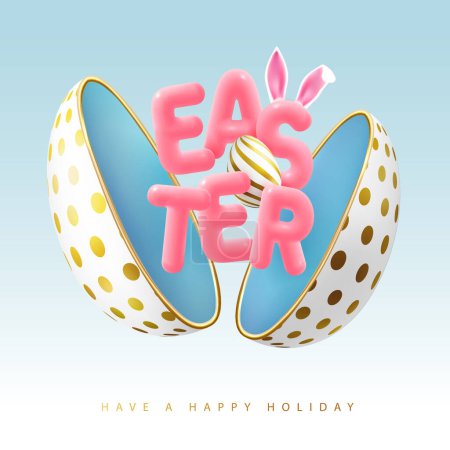 Frohe Ostern Typografie Hintergrund mit ausgeschnittenen Ei, bunte Osterei und 3D-Text. Grußkarte oder Poster. Vektorillustration
