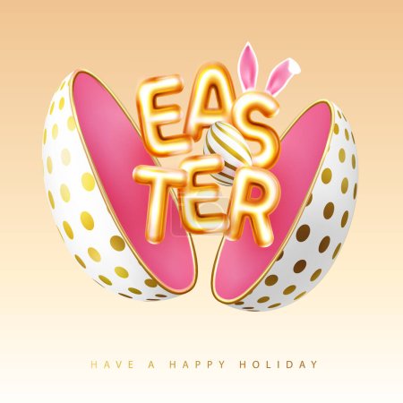 Frohe Ostern Typografie Hintergrund mit ausgeschnittenen Ei, bunte Osterei und 3D-Text. Grußkarte oder Poster. Vektorillustration