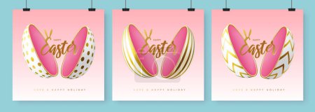 Set Frohe Osterfeiertage Grußkarten, Cover oder Banner mit ausgeschnittenem Ei und goldenem Text. Vektorillustration