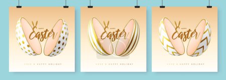 Set Frohe Osterfeiertage Grußkarten, Cover oder Banner mit ausgeschnittenem Ei und goldenem Text. Vektorillustration