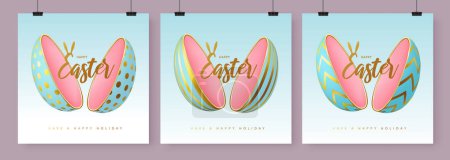 Illustration for Set of Happy Easter holiday greeting cards, covers or banners with cut out egg and golden text inside. Vector illustration - Royalty Free Image