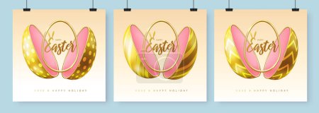 Ein Satz Glückwunschkarten, Cover oder Banner mit ausgeschnittenem Ei und goldenem Osterei im Inneren. Vektorillustration