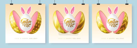 Illustration for Set of Happy Easter holiday greeting cards, covers or banners with cut out egg and Easter egg inside. Vector illustration - Royalty Free Image