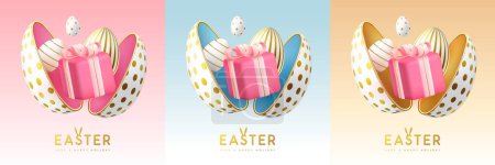 Glückliche Osterfeiertage Grußkarten, Cover oder Banner mit offenem Ei, Geschenkschachtel und Ostereiern im Inneren. Vektorillustration