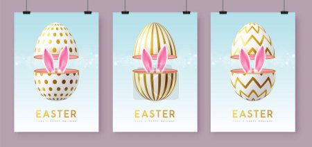 Illustration for Set of Happy Easter holiday greeting cards, covers or banners with open egg and Easter rabbit ears inside. Vector illustration - Royalty Free Image