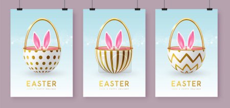 Illustration for Set of Happy Easter holiday greeting cards, covers or banners with open eggs and Easter rabbit ears inside. Bunny in basket. Vector illustration - Royalty Free Image