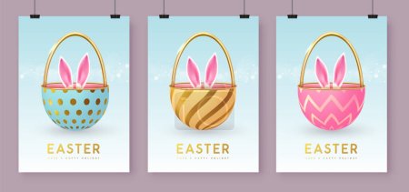 Illustration for Set of Happy Easter holiday greeting cards, covers or banners with colorful open eggs and Easter rabbit ears inside. Bunny in basket. Vector illustration - Royalty Free Image