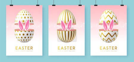Ilustración de Conjunto de tarjetas de felicitación, cubiertas o pancartas con huevo abierto y orejas de conejo de Pascua en el interior. Ilustración vectorial - Imagen libre de derechos