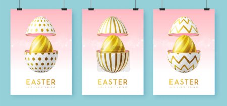 Illustration for Set of Happy Easter holiday greeting cards, covers or banners with open egg and Easter egg inside. Vector illustration - Royalty Free Image