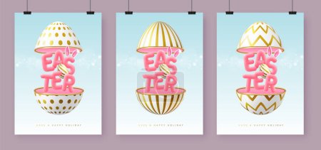 Illustration for Set of Happy Easter holiday greeting cards, covers or banners open egg and 3d text inside. Vector illustration - Royalty Free Image