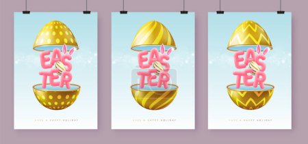 Set Frohe Osterfeiertage Grußkarten, Cover oder Banner mit ausgeschnittenem Ei und 3D-Text. Vektorillustration