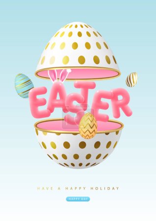 Frohe Ostern Typografie Hintergrund mit ausgeschnittenen Ei, bunten Ostereiern und 3D-Text. Grußkarte oder Poster. Vektorillustration