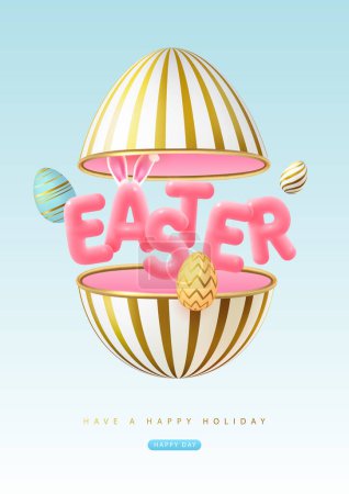 Frohe Ostern Typografie Hintergrund mit ausgeschnittenen Ei, bunten Ostereiern und 3D-Text. Grußkarte oder Poster. Vektorillustration