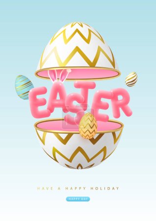 Ilustración de Feliz fondo tipográfico de Pascua con huevo cortado, huevos coloridos de Pascua y texto en 3D. Tarjeta de felicitación o póster. Ilustración vectorial - Imagen libre de derechos