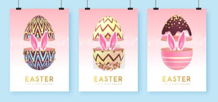 Illustration for Set of Happy Easter holiday greeting cards, covers or banners with sweet open egg and Easter rabbit ears inside. Vector illustration - Royalty Free Image