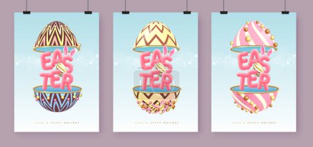 Illustration for Set of Happy Easter holiday greeting cards, covers or banners with open sweet eggs and 3d text inside. Vector illustration - Royalty Free Image