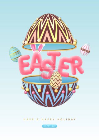 Frohe Ostern Typografie Hintergrund mit offenen süßen Ei, bunte Ostereier und 3D-Text. Grußkarte oder Poster. Vektorillustration