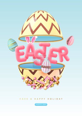 Frohe Ostern Typografie Hintergrund mit offenen süßen Ei, bunte Ostereier und 3D-Text. Grußkarte oder Poster. Vektorillustration