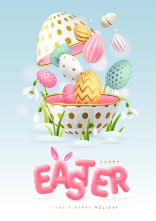 Frohe Ostern Typografie Hintergrund mit bunten Ostereiern, offenen Ei und 3D-Text. Grußkarte oder Poster. Vektorillustration