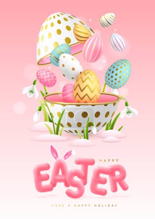 Frohe Ostern Typografie Hintergrund mit bunten Ostereiern, offenen Ei und 3D-Text. Grußkarte oder Poster. Vektorillustration
