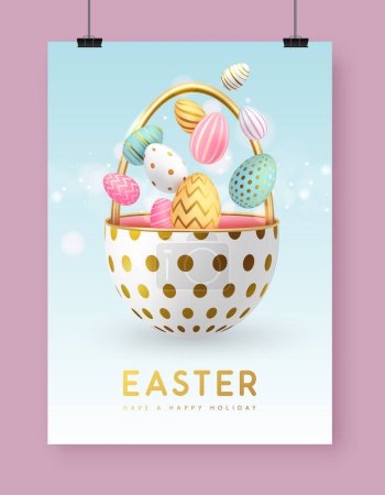 Frohe Ostern Typografie Hintergrund mit bunten Ostereiern und offenen Ei wie Korb. Grußkarte oder Poster. Vektorillustration
