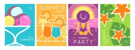 Illustration for Set of colorful summer posters with summer attributes. Cocktail silhouette, tequila sunrise, ice cream, tropic leaves and girl on the beach. Vector illustration - Royalty Free Image