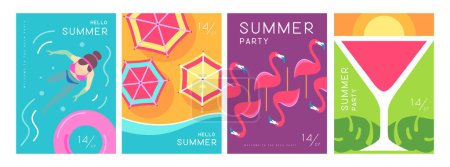 Illustration for Set of colorful summer posters with summer attributes. Cocktail cosmopolitan silhouette, flamingo, beach top view, swim ring and swimming woman. Vector illustration - Royalty Free Image