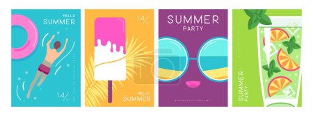 Illustration for Set of colorful summer posters with summer attributes. Mojito cocktail, sunglasses, ice cream, swim ring and swimming man. Vector illustration - Royalty Free Image