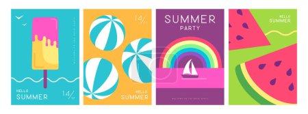 Téléchargez les illustrations : Ensemble d'affiches d'été colorées avec des attributs d'été. Crème glacée, boule de plage, pastèque, arc-en-ciel et bateau. Illustration vectorielle - en licence libre de droit