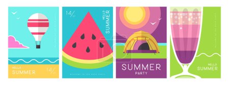 Ilustración de Conjunto de carteles de verano de colores con atributos de verano. Silueta de cóctel, salida del sol de tequila, globo aerostático, sandía y campamento. Ilustración vectorial - Imagen libre de derechos