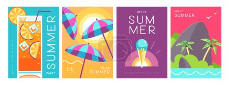 Téléchargez les illustrations : Ensemble d'affiches d'été colorées avec des attributs d'été. Silhouette cocktail, lever de soleil tequila, parasol, crème glacée et île tropique. Illustration vectorielle - en licence libre de droit