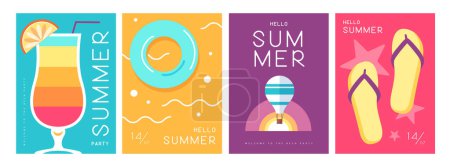 Ilustración de Conjunto de carteles de verano de colores con atributos de verano. Silueta de cóctel, salida del sol de tequila, globo aerostático, anillo de natación y chanclas. Ilustración vectorial - Imagen libre de derechos