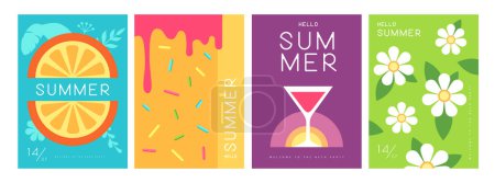 Ilustración de Conjunto de carteles de verano de colores con atributos de verano. Cóctel de silueta cosmopolita, manzanilla, helado, hojas tropicales y naranja. Ilustración vectorial - Imagen libre de derechos