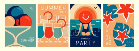 Téléchargez les illustrations : Ensemble d'affiches d'été rétro avec des attributs d'été. Silhouette de cocktail, lever de soleil tequila, crème glacée, feuilles tropiques et fille sur la plage. Illustration vectorielle - en licence libre de droit