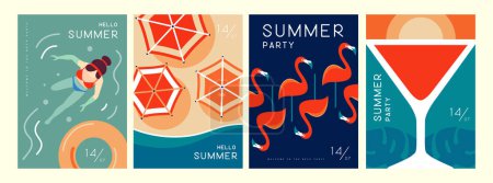 Ensemble d'affiches d'été rétro avec des attributs d'été. Cocktail silhouette cosmopolite, flamant rose, vue sur la plage, anneau de natation et nageuse. Illustration vectorielle