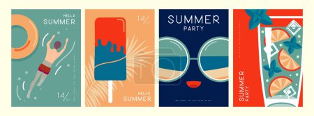 Set of retro summer posters with summer attributes. Mojito cocktail, sunglasses, ice cream, swim ring and swimming man. Vector illustration
