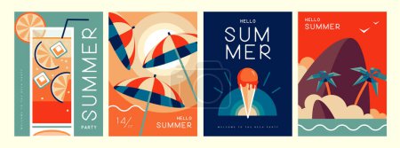 Téléchargez les illustrations : Ensemble d'affiches d'été rétro avec des attributs d'été. Silhouette cocktail, lever de soleil tequila, parasol, crème glacée et île tropique. Illustration vectorielle - en licence libre de droit