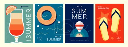 Illustration for Set of retro summer posters with summer attributes. Cocktail silhouette, tequila sunrise, hot air balloon, swim ring and flip flops. Vector illustration - Royalty Free Image